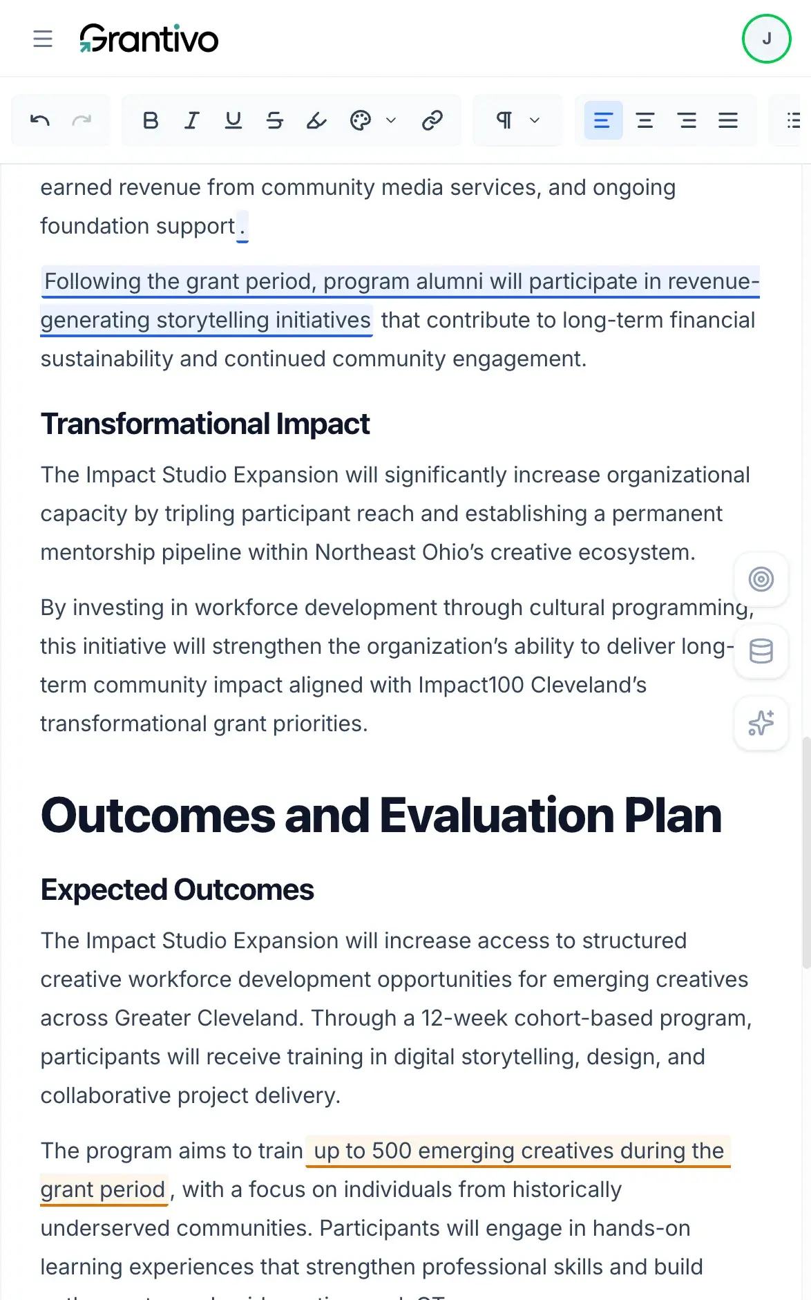 Grantivo grant editor on mobile