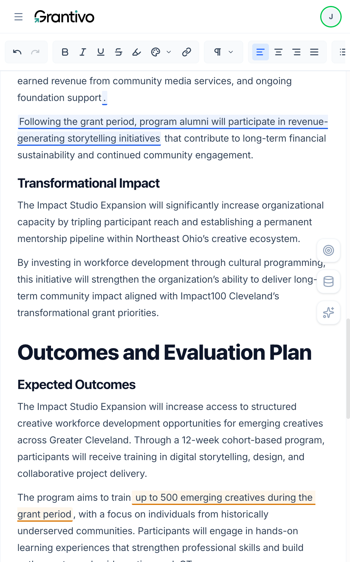 Grantivo grant editor on mobile