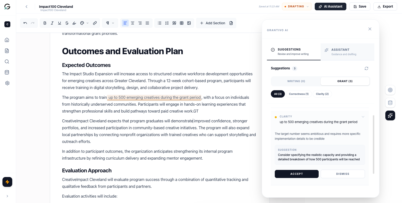 Grantivo grant editor with AI review panel